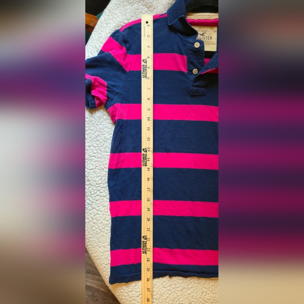 Men's Pink And Navy Striped Slim Fit Hollister Polo Medium - Picture 5 of 5